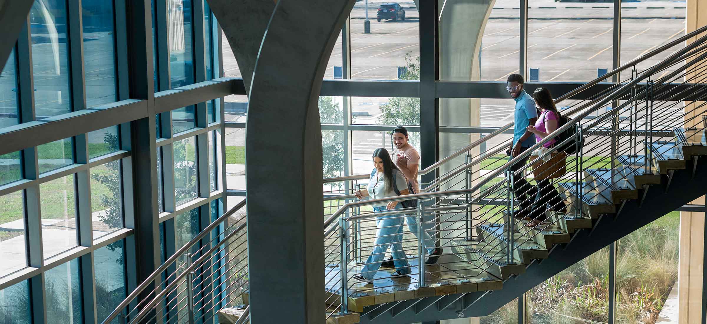 Students walking down stairs