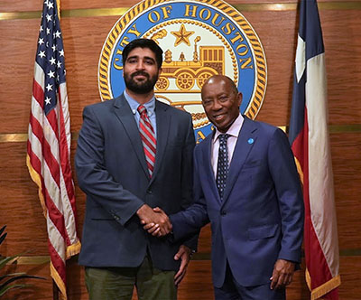 San Jacinto College alumnus Saad Nadeem with Houston Mayor Sylvester Turner
